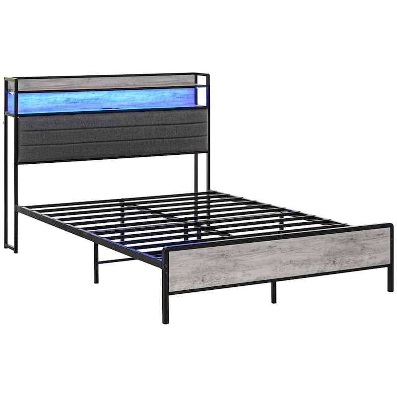 Full Size Bed Frame with LED Lights, Charging Station, and Storage Headboard - Gray
