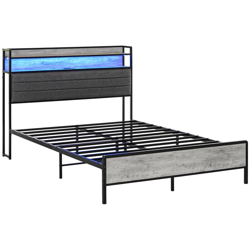 Upholstered Bed Frame with Storage Headboard,Charging Station