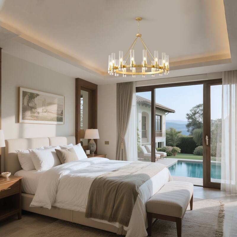 16 - Light Circular Chandelier, Gold/Black, Glass & Metal