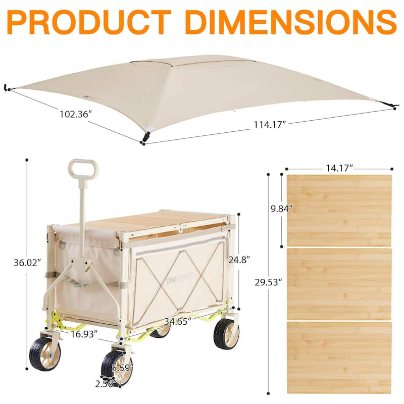 Foldable Camping Cart with Adjustable Handle, Bamboo Tabletop, Foldable storage, and Waterproof Oxford Canopy