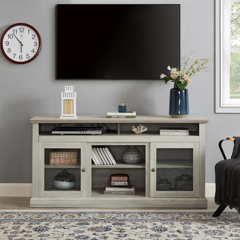 Modern TV Stand, for TVs Up to 65'' with Adjustable Shelves and Open Shelving, for Living Rooms, Stone Gray