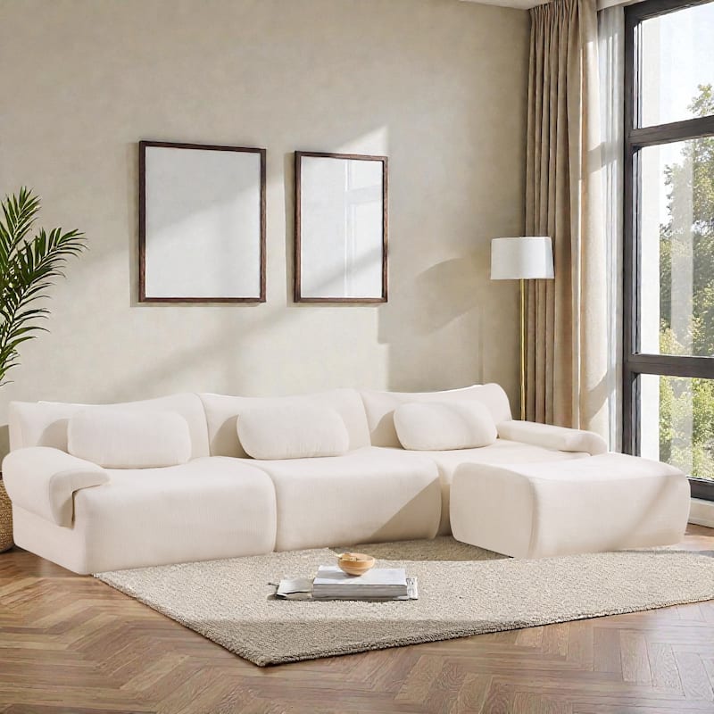 Modular Chenille Sofa Set with Armchair, Extra Large Deep Seat 3 Seater Compression Couch with Pillows - White