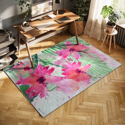 Pink Green Floral I, Hand Washable Flowers Art Area Rug, power-loomed, 100% polyester, 2mm pile, non-slipping back