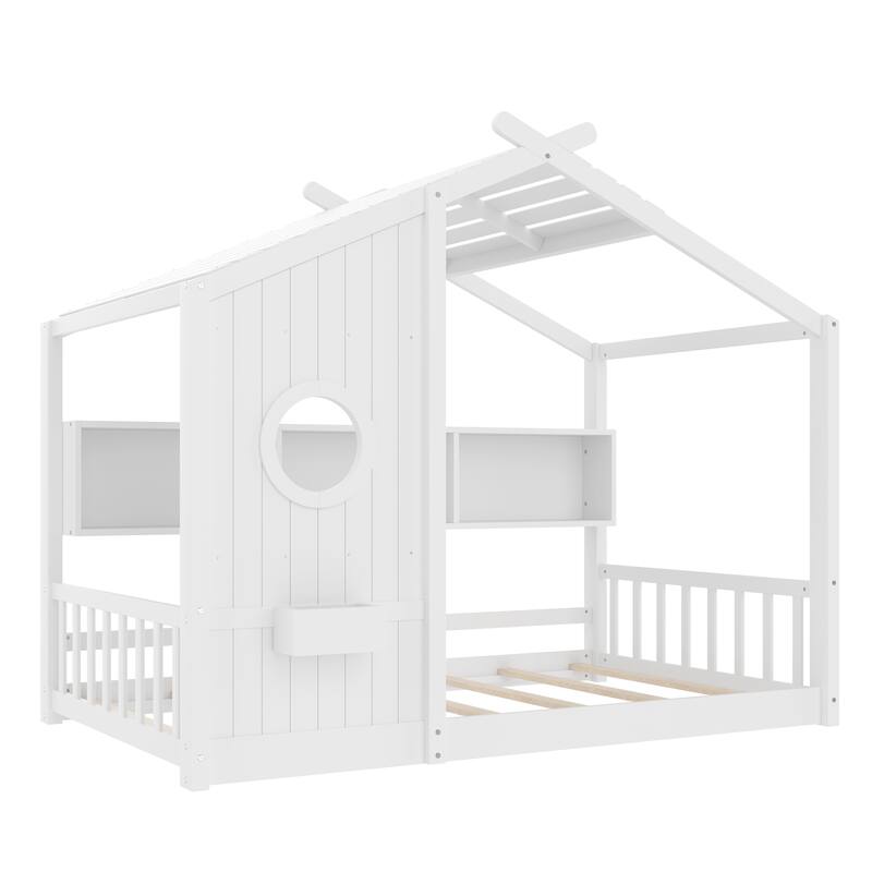 House Bed Frame for Toddler Floor Bed, Kids Montessori Bed with Storage Shelf and Round Window, Playhouse Bed with Roof Design