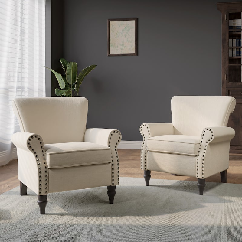 Set of 2 Modern Upholstered Armchair Nailhead Trim Accent Chair - Linen - Beige