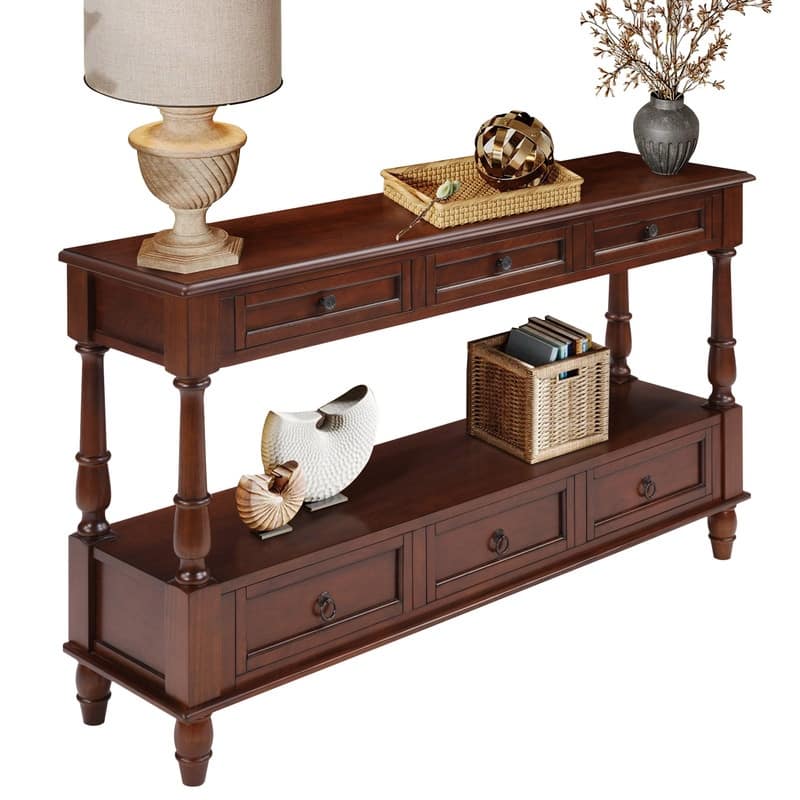 Retro 54" Solid Wood Console Table with 6 Drawers and Shelf for Vintage Living Room and Hallway Storage