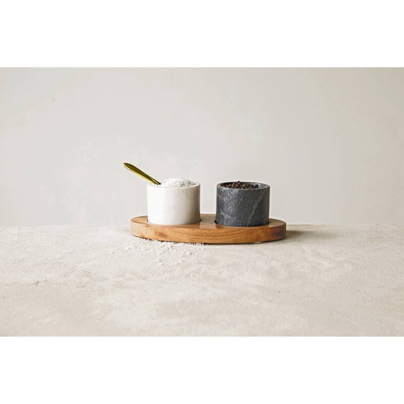 Marble Bowls on Mango Wood Tray with Brass Salt Spoon (Set of 4 Pieces)