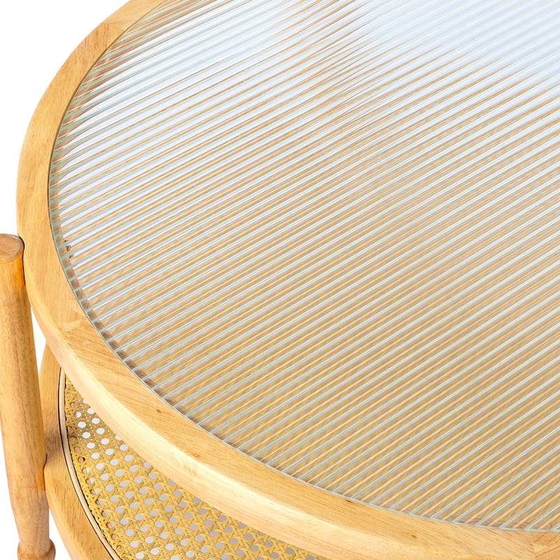 31.5in Rattan Coffee Table with Tempered Glass Top and Hand-Woven Shelf for Indoor Outdoor - 31.5” x 31.5” x 17.3”