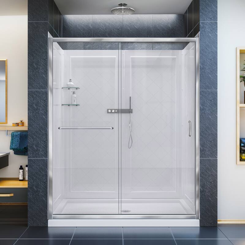 DreamLine Infinity-Z 32 in. D x 60 in. W x 76 3/4 in. H Sliding Shower Door, Shower Base and Backwall Kit - 32" x 60"