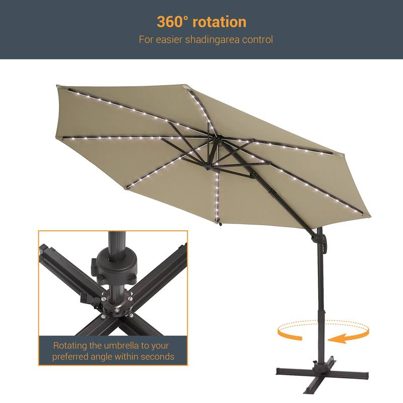 BONOSUKI 10Ft LED Patio Cantilever Offset Umbrella With Cross Base