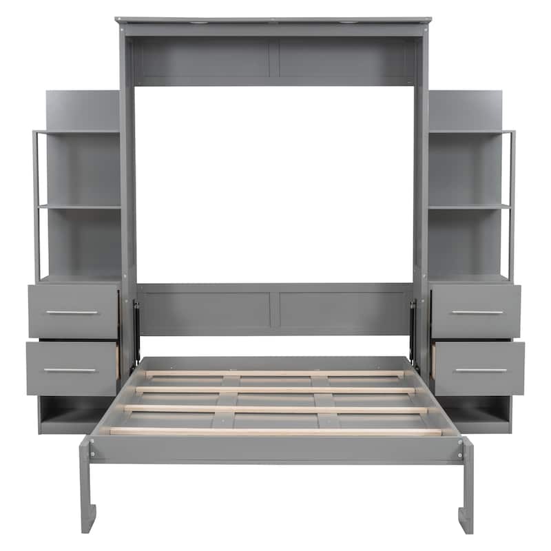 Full Size Murphy Bed Wall Bed with Shelves, Drawers and LED Lights, White
