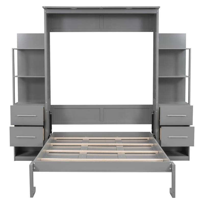 Space-Saving Full Size Wall Bed with Shelves, Drawers, and LED Lights