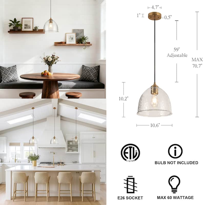 Coria 10-inch Modern Farmhouse Dome Waterfall Glass Pendant Lights with Bowl Hammered Art Shade