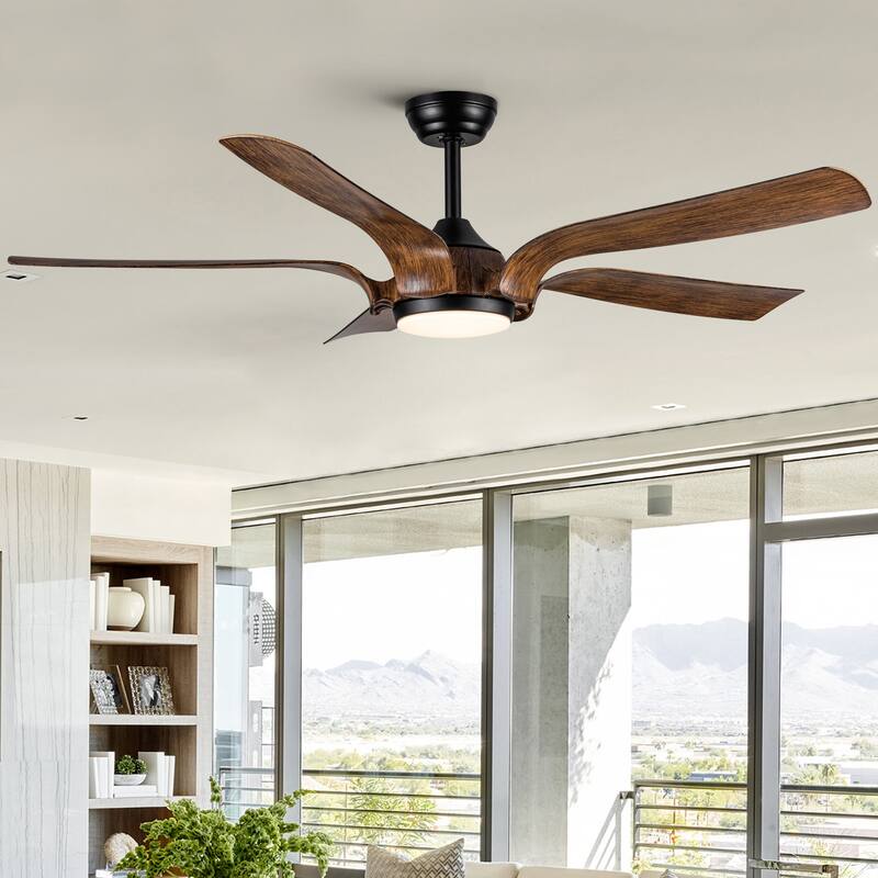 56 in.Farmhouse Integrated LED Indoor/Outdoor Faux wood Black Smart Ceiling Fan with Remote Control and DC Motor - 56 INCHES