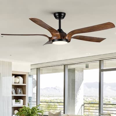 56 in.Farmhouse Integrated LED Indoor/Outdoor Faux wood Black Smart Ceiling Fan with Remote Control and DC Motor - 56 INCHES