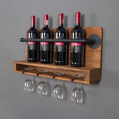 Rustic Brown Solid Wood Metal Wall-Mounted Wine Rack with Bottle and Glass Holder - 5.2'' D x 23.62” W x 11.81” H