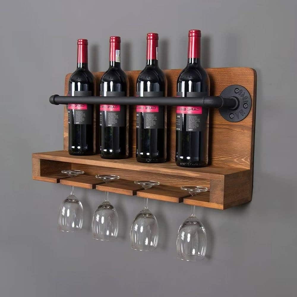 Rustic Brown Solid Wood Metal Wall-Mounted Wine Rack with Bottle and Glass Holder - 5.2'' D x 23.62” W x 11.81” H
