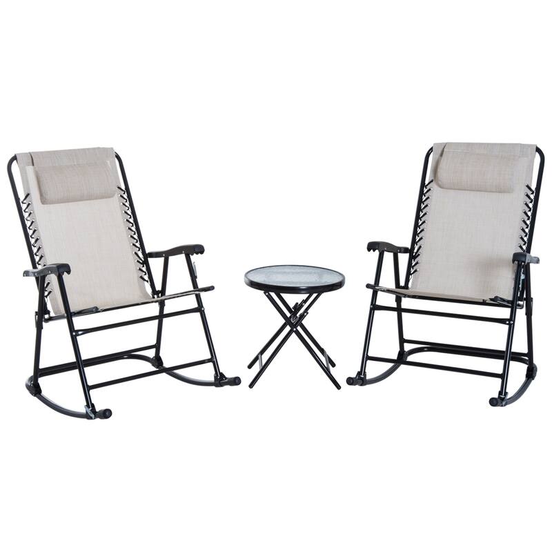 3-Piece Outdoor Rocking Chair Set, Folding Rocker Set with Glass Coffee Table, Headrests