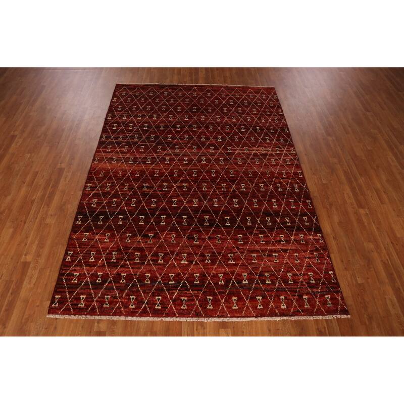 Trellis Moroccan Oriental Area Rug Hand-Knotted Red Wool Carpet - 6'10" x 9'6"