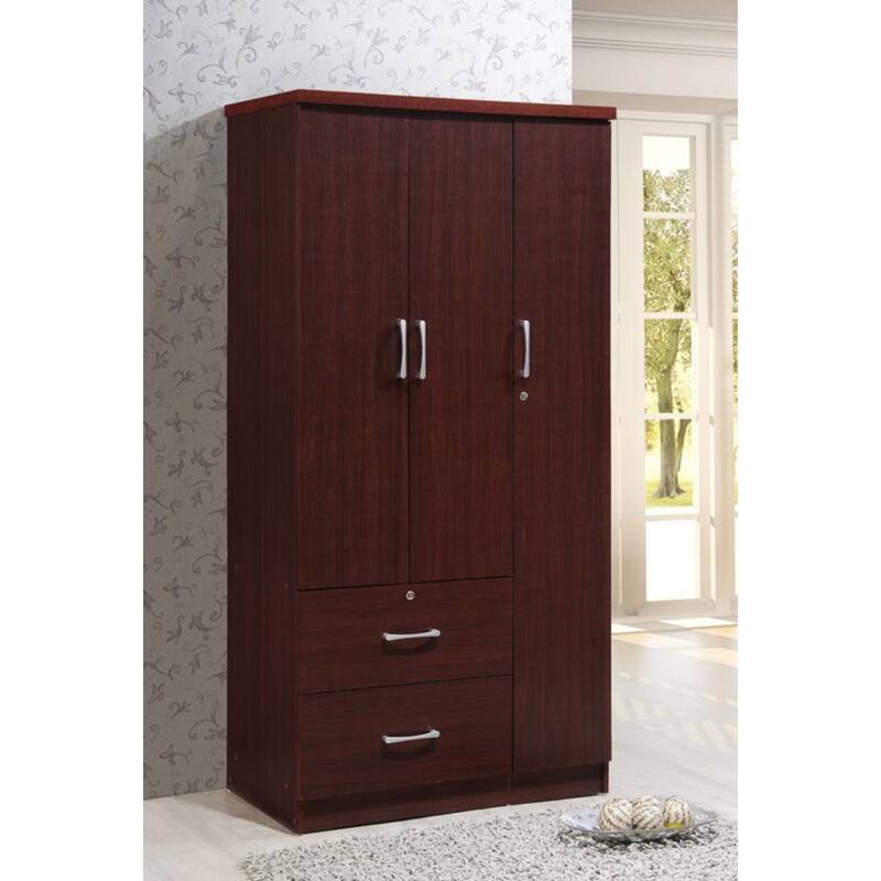 Hodedah Import 3 Door Armoire with Clothing Rod, Shelves, and 2 Drawers, Black - 187