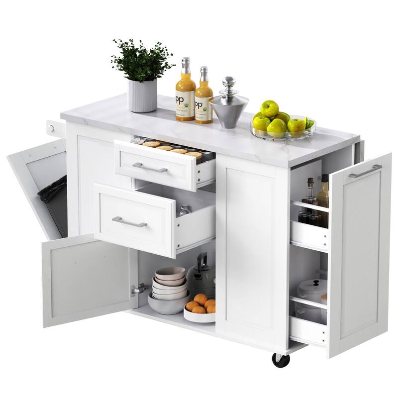 50.7"Kitchen Island with Pull Out Cabinet Organizer, Rolling Kitchen Island on 5 Wheels with Drop Leaf, 2 Drawers
