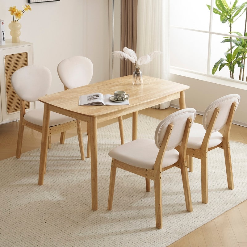 Mid-Century Wood Dining Set with Fabric Chairs,5-Pcs Set,Natural Oak Finish