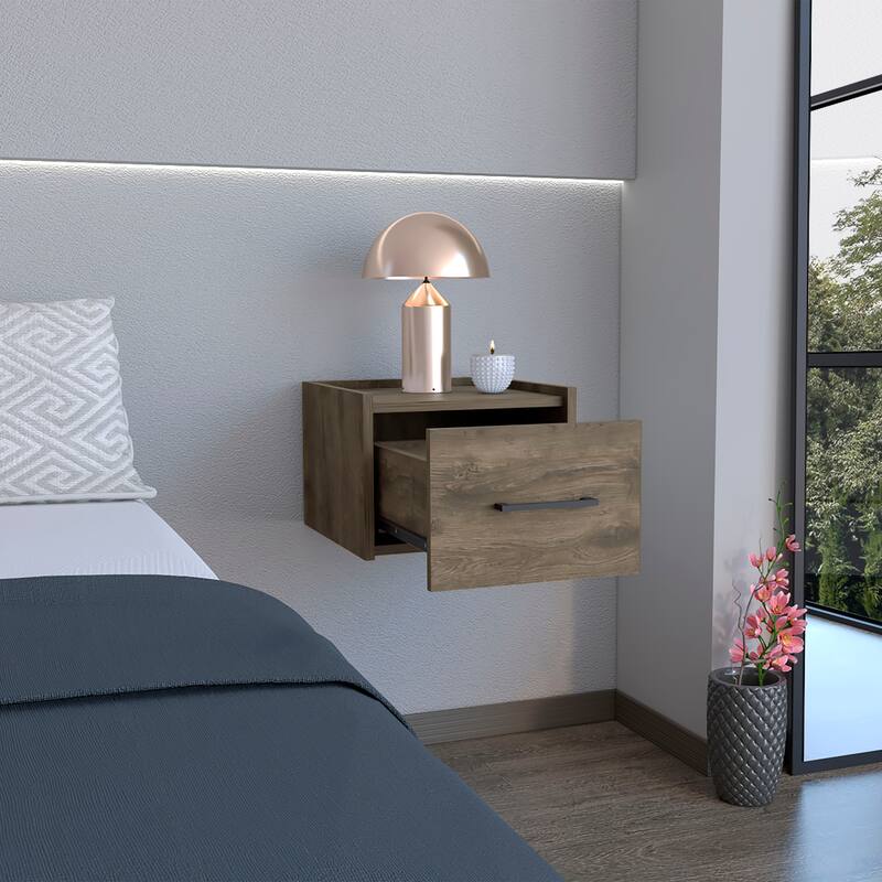 Space-Saving Floating Nightstand with Drawer, Dark Brown
