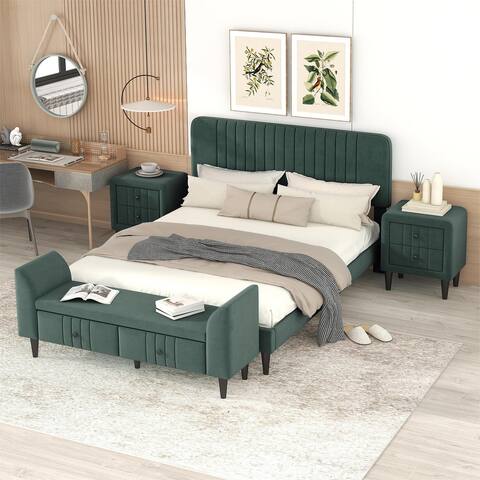 4-Pieces Bedroom Sets Upholstered Platform Bed with 2 Nightstands and Storage Bench