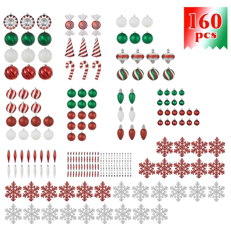 Glitzhome 178ct Christmas Ball Shatterproof Ornaments with Candy Picks & Ribbon Bow (Set of 191)