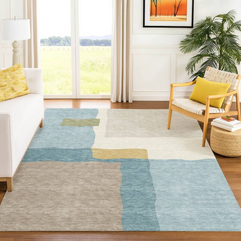 Machine Washable Indoor/ Outdoor Contemporary Blox Chantille Rug