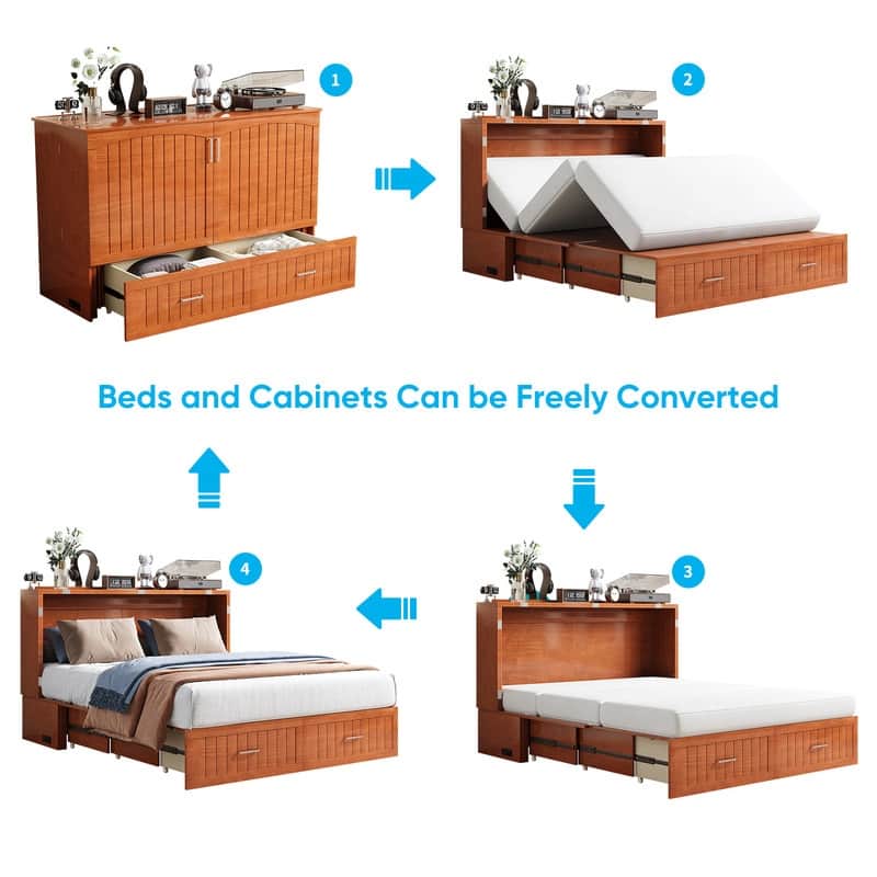 Mixoy Queen Modern Murphy Bed Cabinet with Charge Station,Mattress,Drawers