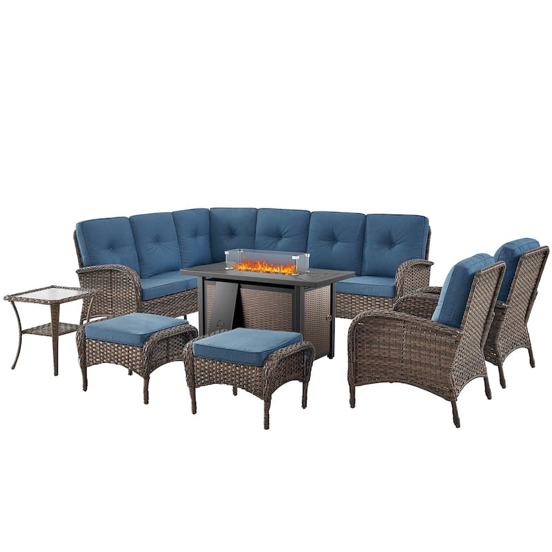 Outdoor Sectional Sofa Chairs Ottomans with Fire Pit Table -Blue - Brown