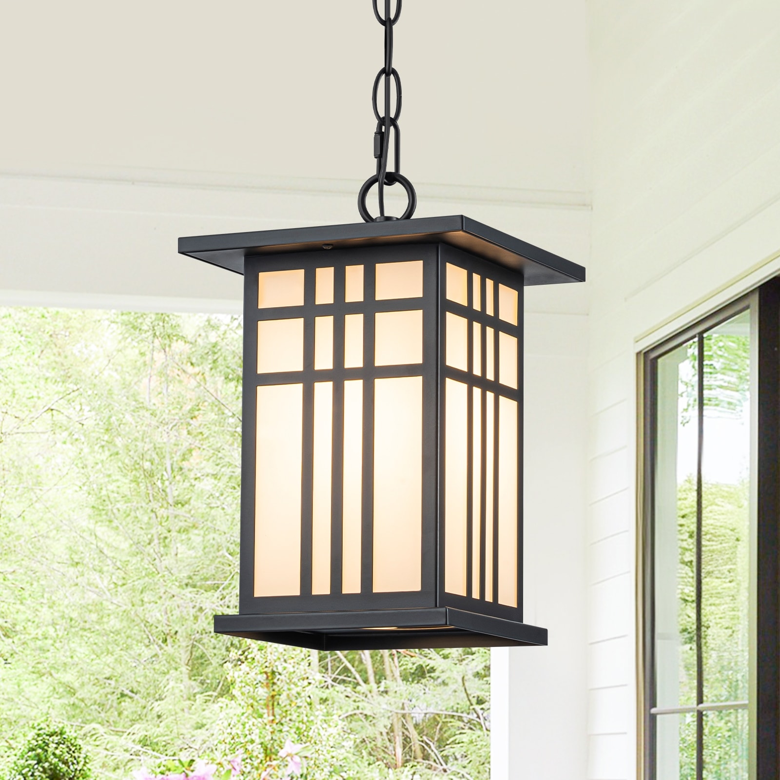 Black Outdoor Pendant Light with White Glass Porch Ceiling Fixture - Dia.7.48-in