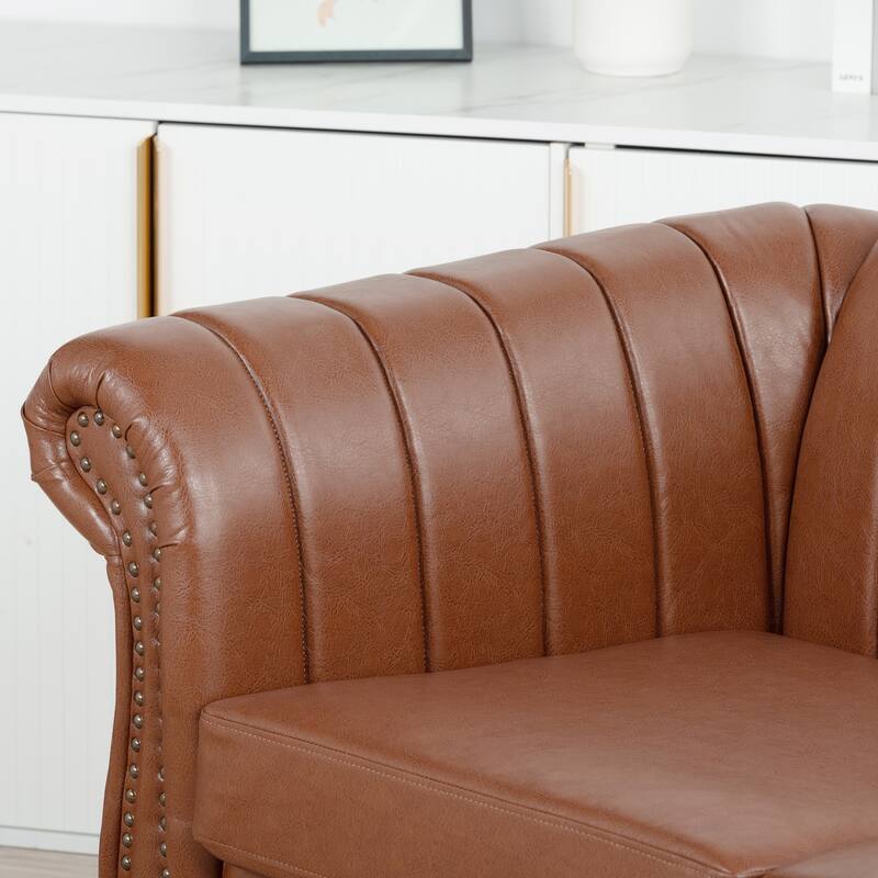 Chesterfield Sofa 83.46" with PU Leather, Quilted Backrest, Birch Legs