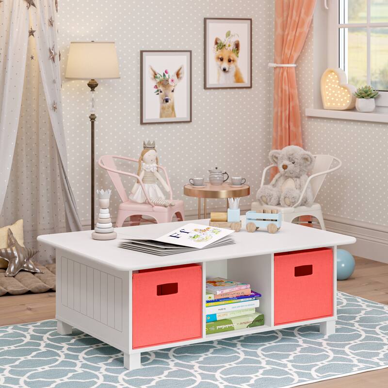 RiverRidge Kids Desk, Activity and Play Table with 6 Storage Cubbies - White with Coral Bins