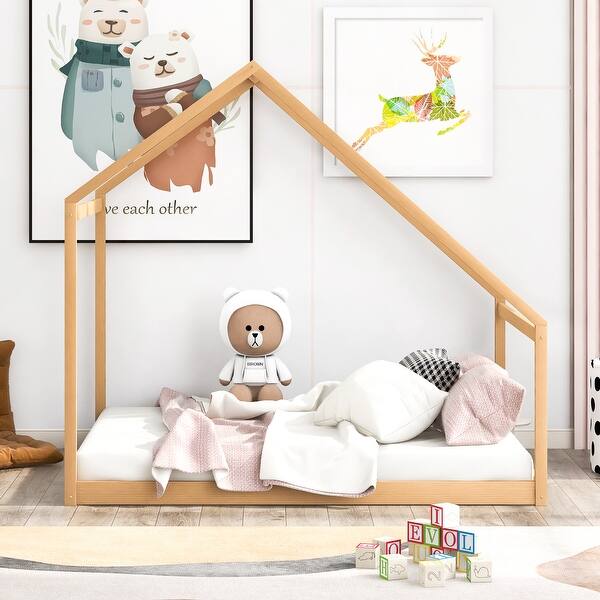 slide 2 of 8, Full Size Wooden House Bed with Semi-Enclosed Design ,Sturdy Pinewood Frame, Open Concept, and Versatile Setup Options Natural