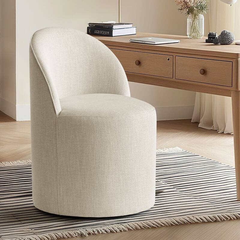 Upholstered Linen Office Chair with Wheels - Beige