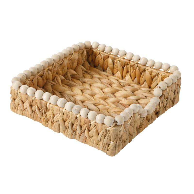 Gibson Home Woven Decorative Napkin Holder Tray - Natural Water Hyacinth Square Basket with Wood-Bead Trim
