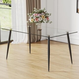 63 Inch Rectangular Tempered Glass Dining Table with 4 Adjustable Black ...