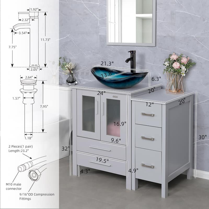 36" Bathroom Vanity Sink Gray Set with Side Cabinet Vessel Sink Faucet Combo