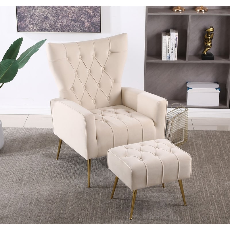 Accent Chair with Ottoman,Living Room Club Chair and Ottoman Set,Beige