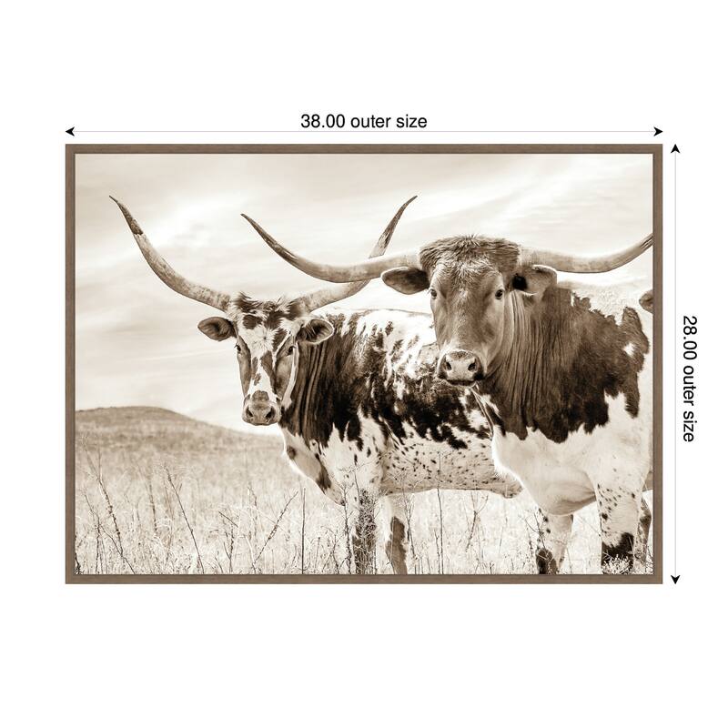 Kate and Laurel Sepia Texas Longhorn Cattle in Pasture by The Creative Bunch Studio Framed Canvas Wall Art Print