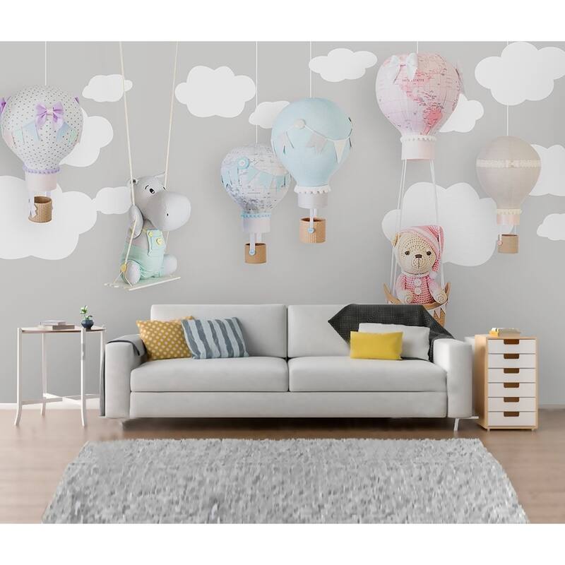 GK Wall Design Teddy Bear Child Map Hot Air Balloon Removable Wallpaper