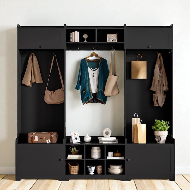 79" Wide Modern Hall Tree with 8 Cubbies, 7 Hooks, Adjustable Shelf & Storage Bench for Entryway and Hallway - Black