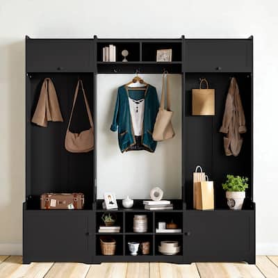 79" Wide Modern Hall Tree with 8 Cubbies, 7 Hooks, Adjustable Shelf & Storage Bench for Entryway and Hallway