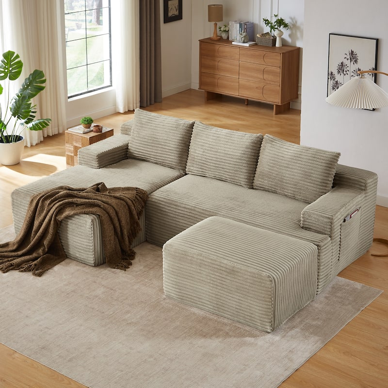 Corduroy Upholstery Cloud Modular Sectional Sofa with Chaise and Pillows, All-Foam Compression Design