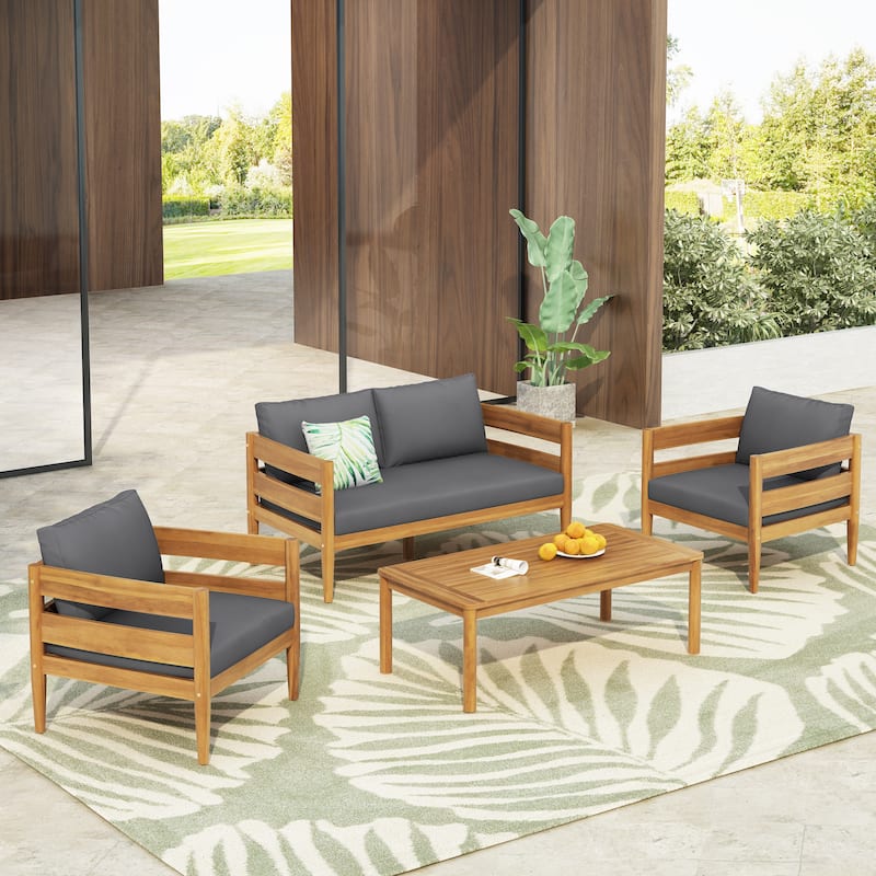 Christopher Knight Home- Jackson Curved Acacia Wood Outdoor 4 Piece Chat Set - Teak+Dark Gray Cushion