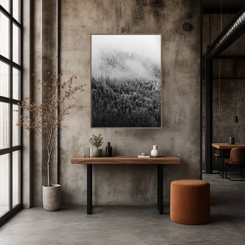 Black and White Foggy Pine Forest in Winter by Michael Schauer (32 x 42 in.), Framed Canvas Wall Art Print