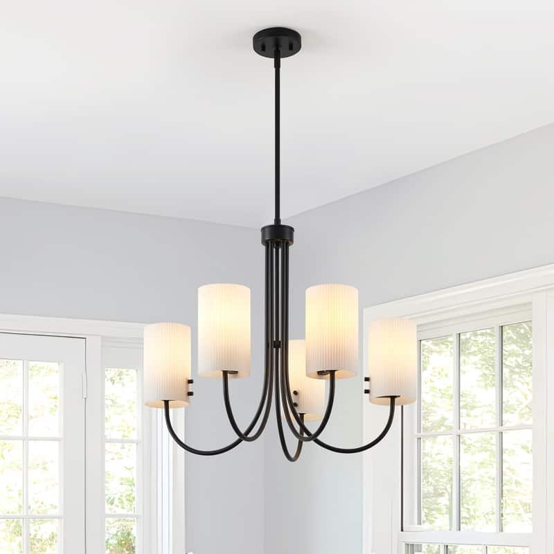 KAWOTI 5-Light Chandelier with White Fluted Glass Shade - W27.75" x H22.25"