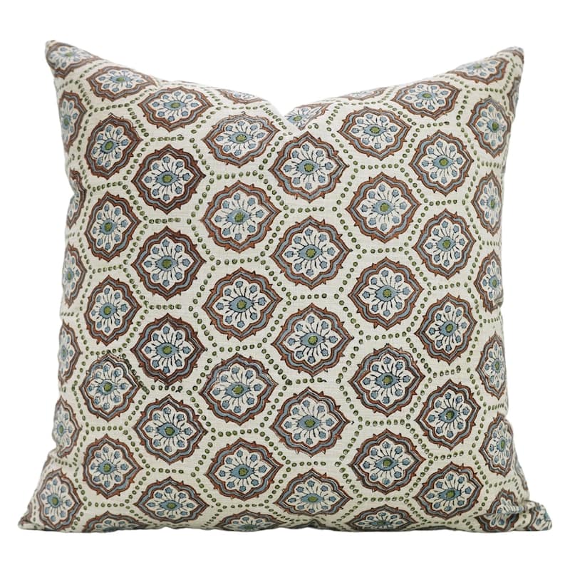 Fabdivine Soft Linen Cushion Cover Floral Block Print for Farmhouse Mustard Living Room or Office Décor, Banke Bihari - Charkha- Brown, Green, Blue - 16" x 16" - Pillow Covers